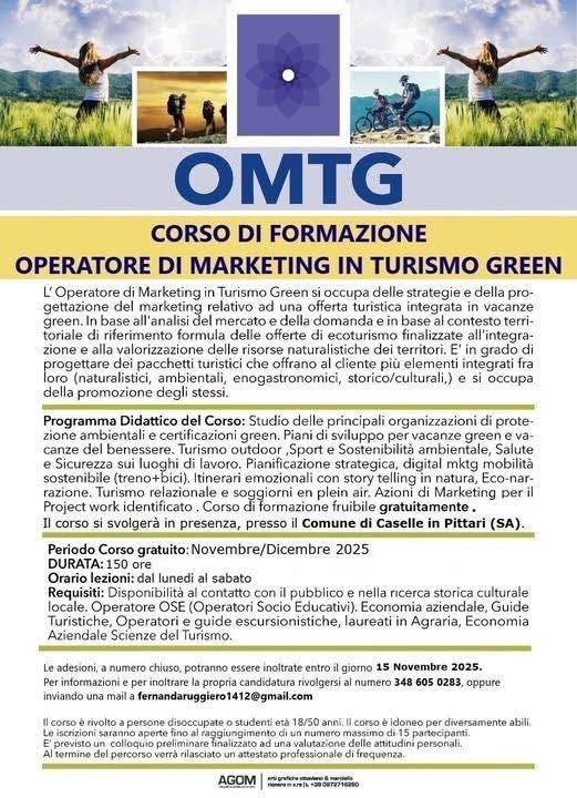 Corso di Formazione gratuito in presenza in OMTG - Operatore di Marketing e Turismo Green, presso il Comune di Caselle in Pittari - Periodo: Novembre-Dicembre 2025